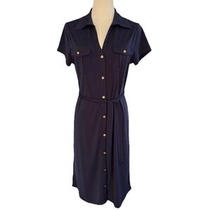Isac Mizrahi Collared Belted Shirt Dress Sz S 4/6 Navy Button Front Midi Stretch